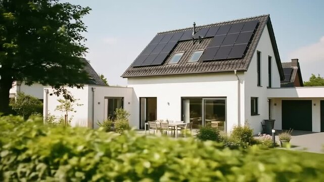 Modern white houses with solar panels and lush green gardens showcase sustainable residential living in a sunny neighborhood.