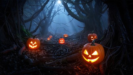 Haunted Forest Filled with Pumpkins Growing Creepy Faces on Halloween Night