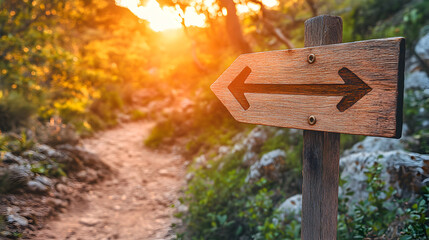 Wooden signpost with two arrows pointing left and right on a dirt trail in a forest at sunset.