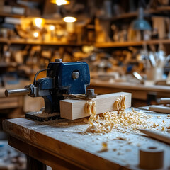 Woodworking tools and wood shavings on a workbench in a workshop.