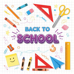 Elementary School Back to School Vector Illustration: Happy Kids Waving, Ready for Learning, with School Building and Educational Supplies.