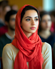Young woman with dark hair wearing a coral-colored headscarf, seated among other people.