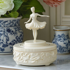 A ballerina music box figurine on a table with vases.