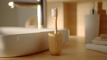 A bamboo toothbrush in a holder on a bathroom counter.