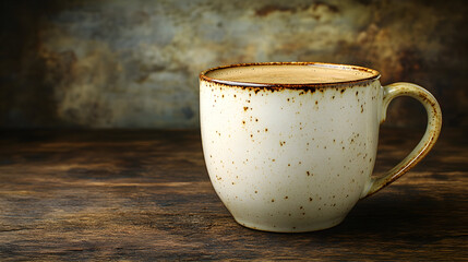 A beige mug of coffee on a dark wooden table.