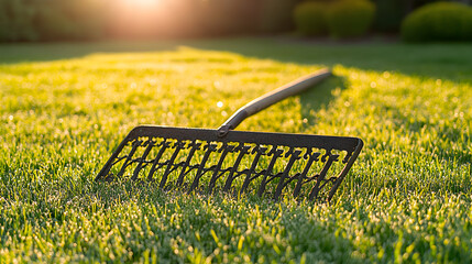 A black garden rake lying on a green lawn in sunlight.