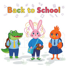 Elementary School Back to School Vector Illustration: Happy Kids Waving, Ready for Learning, with School Building and Educational Supplies.