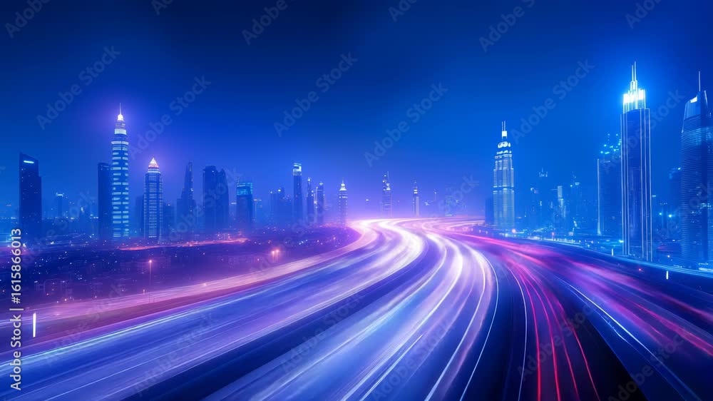 Poster high-speed light trails curving through modern cityscape with illuminated skyscrapers. dynamic motio