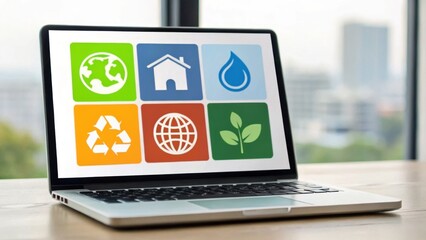 A laptop displays eco-friendly icons representing Earth, home, water, recycling, global connectivity, and plant growth, symbolizing sustainability and environmental awareness.