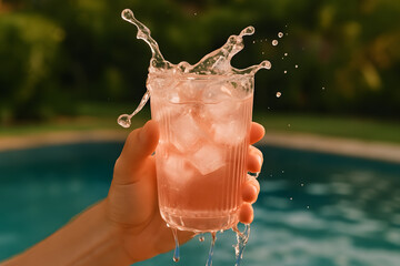 Cold Refreshing Drink Splashing with Ice Cubes Representing Summer Beverage and Freshness