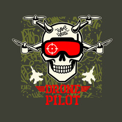 Skull Drone Pilot  with Graffiti Background,Vector Illustration