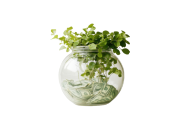 Glass jar filled with fresh green herbs isolated on transparent background. Jar of money plant economy green on white background.