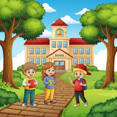 Elementary School Back to School Vector Illustration: Happy Kids Waving, Ready for Learning, with School Building and Educational Supplies.