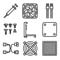 PC Build Icons. Line style icons of PC build accessories: thermal paste, RGB fan, cable extension, PC case screw set, GPU support