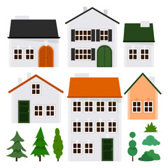 Set of Christmas European houses with trees