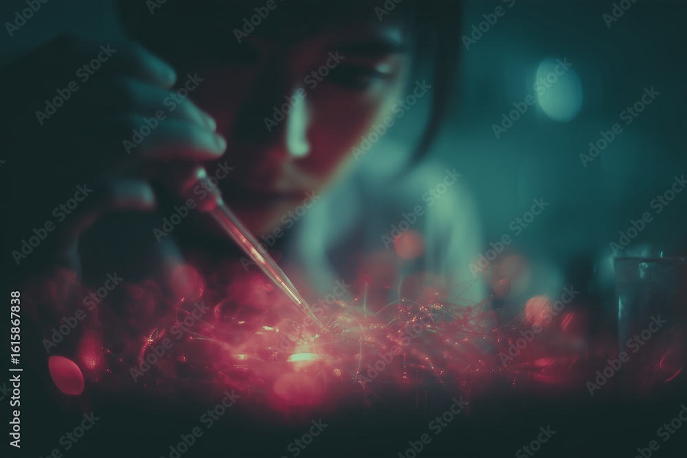 Aufkleber scientist conducting an experiment with light and liquid in a lab during evening hours
