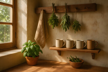 Rustic Kitchen Interior with Fresh Herbs, Mugs, and Natural Sunlight Creating a Warm Homey Atmosphere