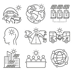 Global Solar Mobility Icons. Line style icons of global solar mobility future: solar car on world map, continents linked with sun