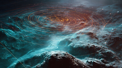 orbital engineering drone mapping fault lines on asteroid shell, viewed through infrared mist and telemetry overlay. Illustration