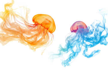 Two colorful jellyfish with flowing tentacles isolated on transparent background. Jovial jellyfish dancing gracefully in the rhythm of the ocean waves isolated on white background.
