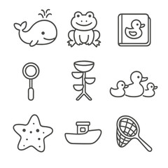 Bath Toy Icons. Line style icons of bath toys: floating whale, rubber frog, bath book, bubble wand, water mill, duck family,