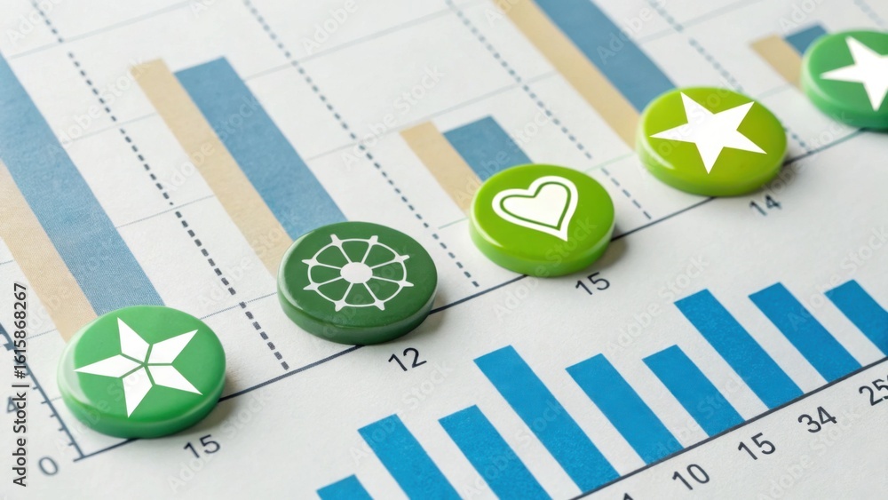 Poster colorful markers with icons on a financial bar chart indicating different data points and trends.