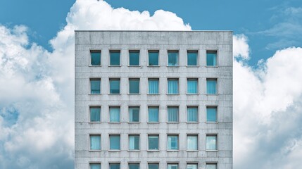 Facade of a multi-story building with evenly spaced windows, contrasted against a blue sky filled with fluffy white clouds on a sunny day.