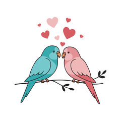Cute Lovebirds on a Branch with Floating Hearts