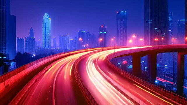 Curved multilane highway with light trails from moving vehicles, illuminated skyscrapers in background, vibrant night cityscape with long exposure effect capturing urban transportation dynamics.