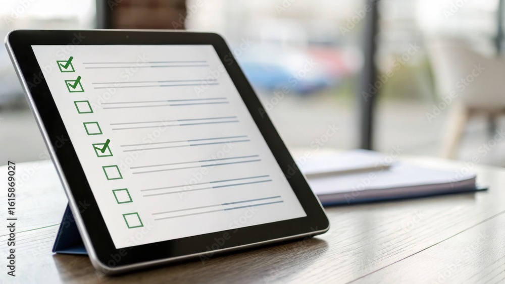 Poster a tablet on a desk displays a checklist with several items ticked off.