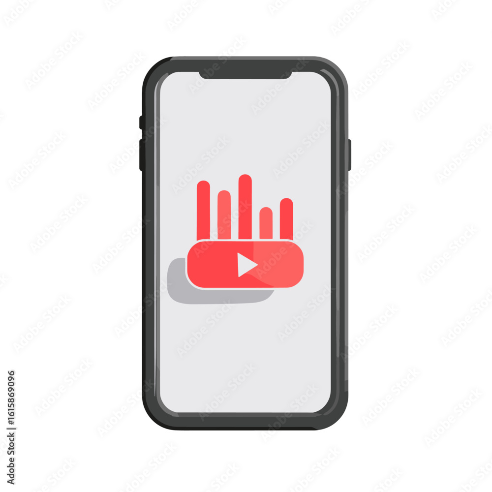 Poster smartphone playing music with a play button interface on screen.