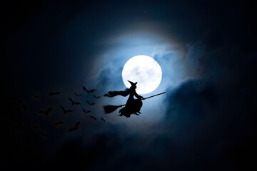 Naklejka premium Witch Flying Across a Full Moon with Bats in a Spooky Night Sky