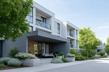 Modern residential architecture presenting sustainable housing with green landscaping