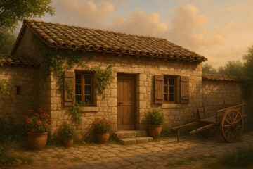 Charming Rustic Stone Cottage Featuring Wooden Door and Shutters in Countryside Setting