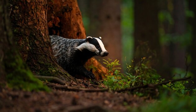 Badger emerging from tree trunk in forest, dappled sunlight, low angle
