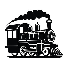 Vintage Steam Train Locomotive Black and White Illustration on White Background