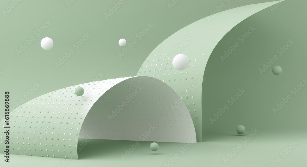 Poster abstract 3d render of pale green curved shapes and floating spheres: minimalist design and pastel co