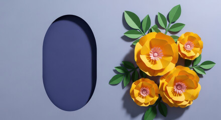 Fototapeta premium Vibrant yellow tulips bloom beside a deep indigo oval cutout on a subtle gray background