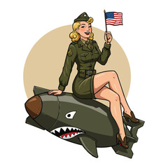 Wartime Pin-up Girl Riding Bomb, American Flag