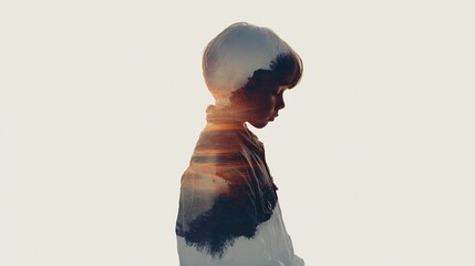 A captivating double exposure image of a child's silhouette filled with a sunset landscape. The contrast of innocence and nature creates a poignant visual.