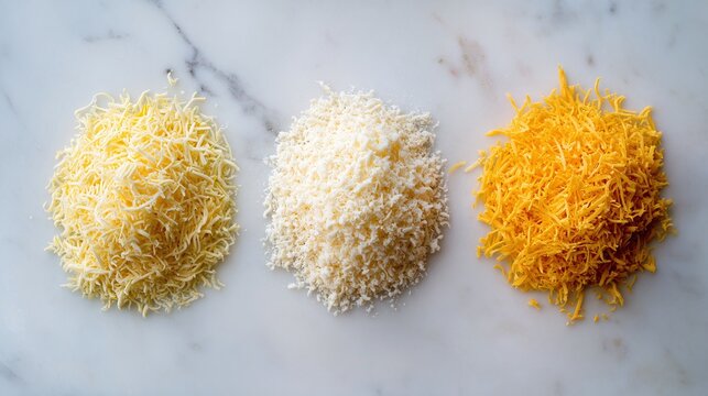 Grated Cheese Variety: Three piles of shredded cheese - light yellow, white, and orange - on a marble surface. Different options for cooking and flavor.