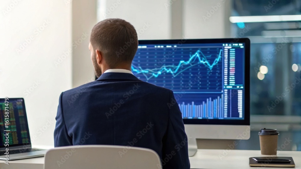 Poster a man in a suit analyzes financial data and stock market charts on a computer screen in a modern off