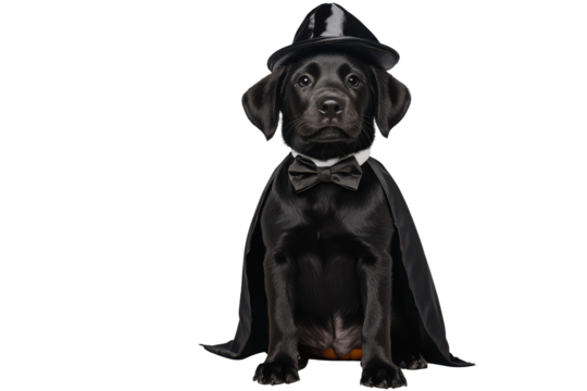 Dapper black labrador retriever dog wearing a top hat and bow tie isolated on transparent background. Labrador puppy dressed as a magician celebrates isolated on white background.