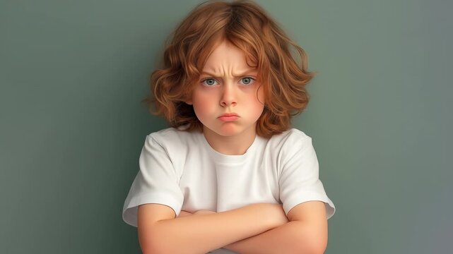 Curly-haired preteen girl with crossed arms and frustrated expression standing against green background in white t-shirt. Lockdown studio shot with neutral lighting.