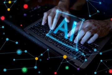 Close up of hands typing on a laptop keyboard with a glowing blue ai interface projected over the keys surrounded by a network of colorful digital connections and bokeh lights