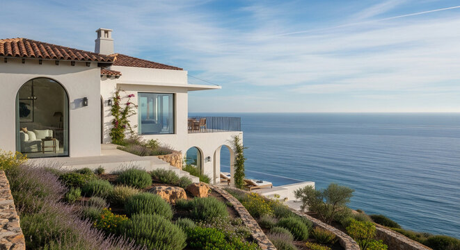 A luxurious white Mediterranean-style house sits atop a lush hillside overlooking the vast, blue ocean.