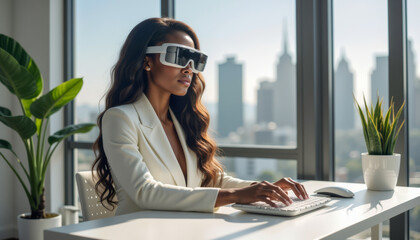 A businesswoman wearing AR glasses interacts with virtual interfaces in a modern office, demonstrating cutting-edge augmented reality technology in the workplace.