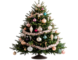  Vintage Christmas Tree with Tinsel and Retro Glass Ornaments, isolated on a transparent background.