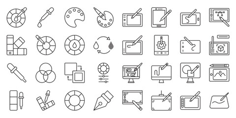 Creative Digital Art Collection set of web icons in line style. digital art, graphic tablet, digital drawing and colorful graphics. Vector illustration