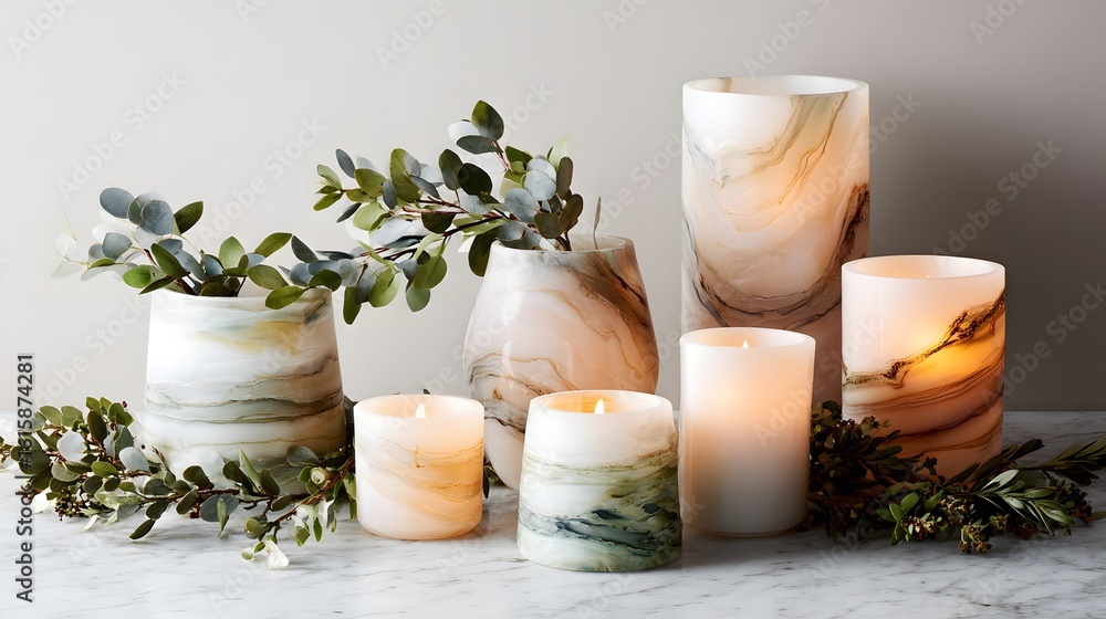 Poster decorative stone-like candles and vases with flowing patterns.